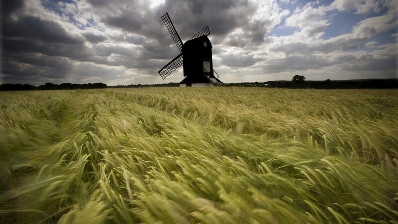 Windmill in Wheat Field — Green, Dramatic, Afternoon, Photograph, Wheat Field, Clouds