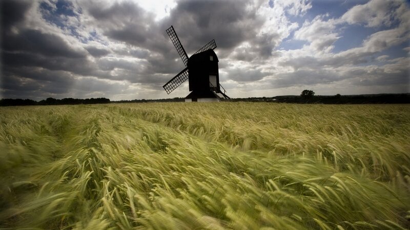 Windmill in Wheat Field — Green, Dramatic, Afternoon, Photograph, Wheat Field, Cloudy Sky