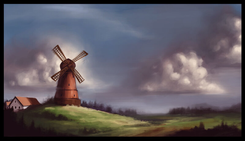 Windmill on a hill at dusk