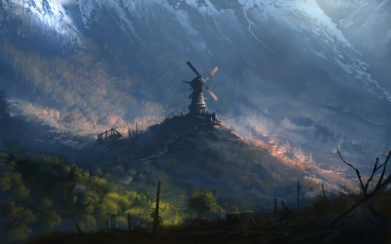 Windmill on a Hill — Blue, Dramatic, Night, Digital Art