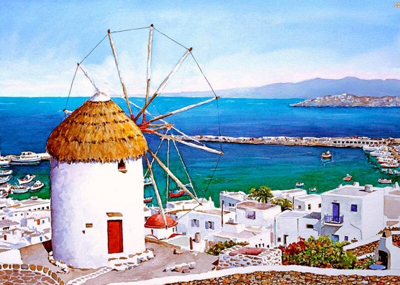 Windmill on a Hill — Blue, Serene, Afternoon, Painting