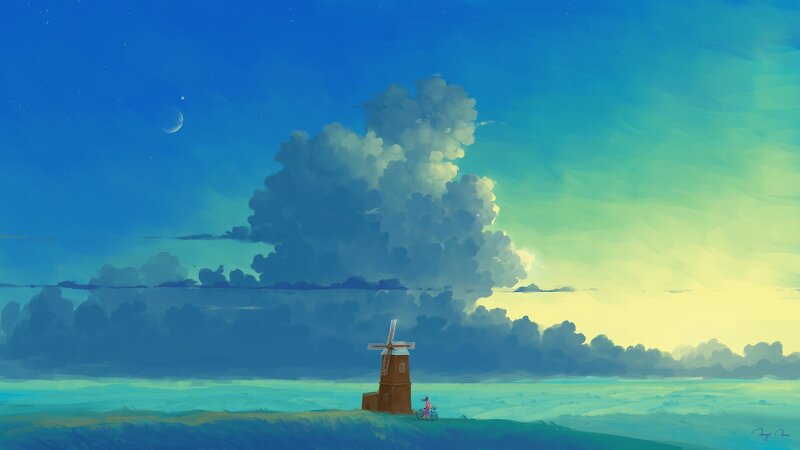 Windmill on a Hill — Blue, Serene, Night