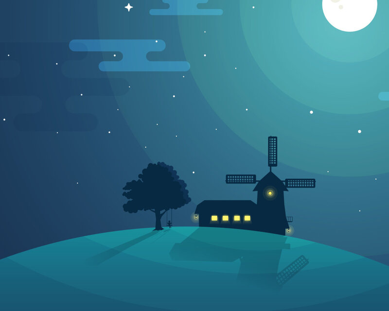 Windmill on a Hill — Blue, Serene, Night, Vector Art