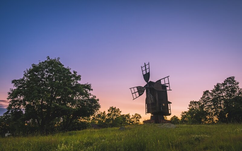 Windmill on a Hill — Blue, Serene, Sunset
