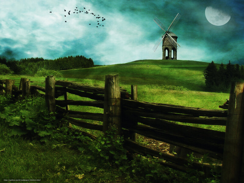Windmill on a Hill — Green, Dramatic, Night