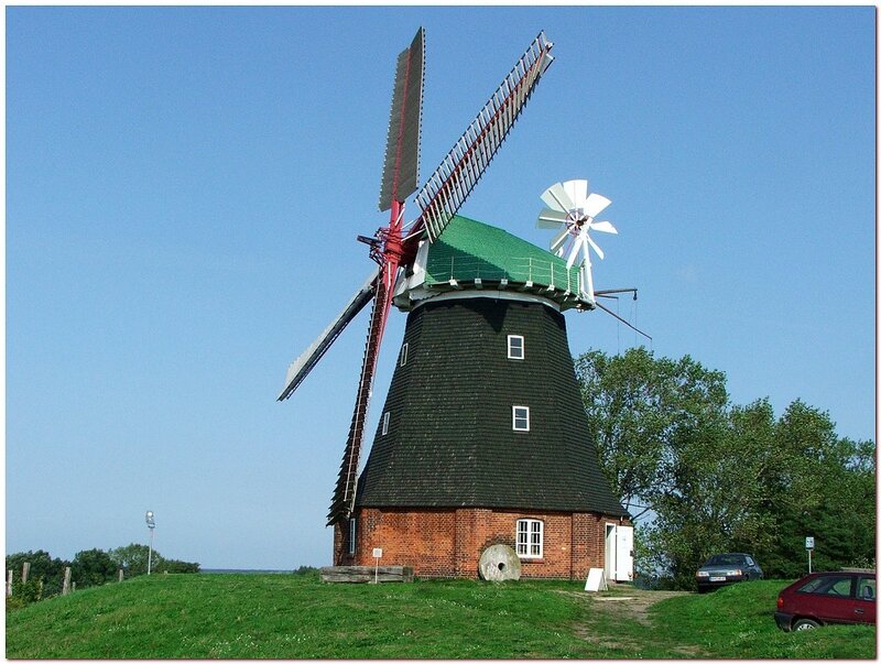 Windmill on a Hill — Green, Serene, Afternoon, Photograph, Cars