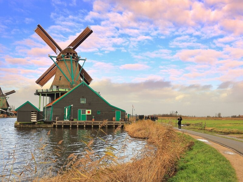 Windmill on Canal — Blue, Serene, Sunset