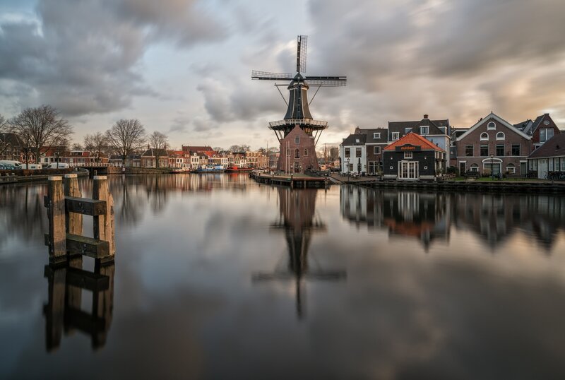 Windmill on Canal — Gray, Serene