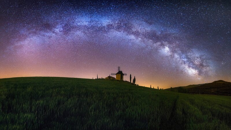 Windmill on Hill at Night — Green