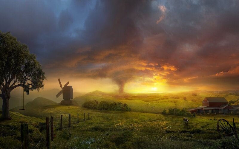 Windmill on Hill at Sunset — Green