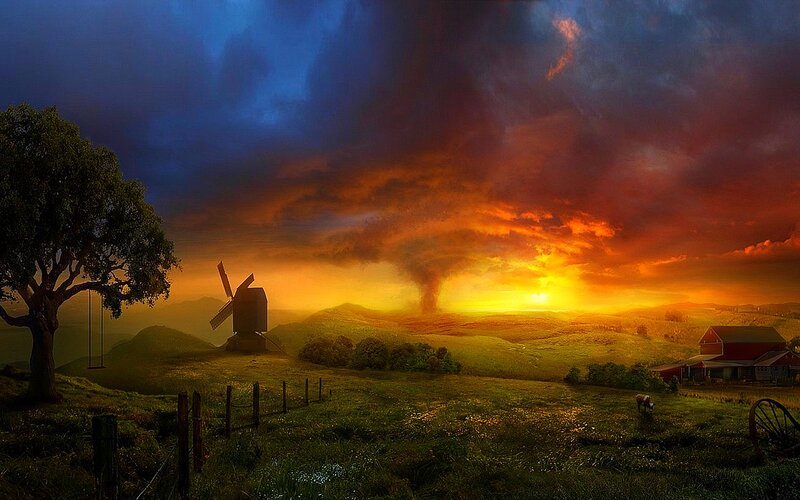 Windmill on Hill at Sunset