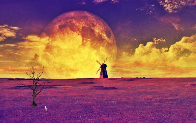 Windmill under Giant Moon