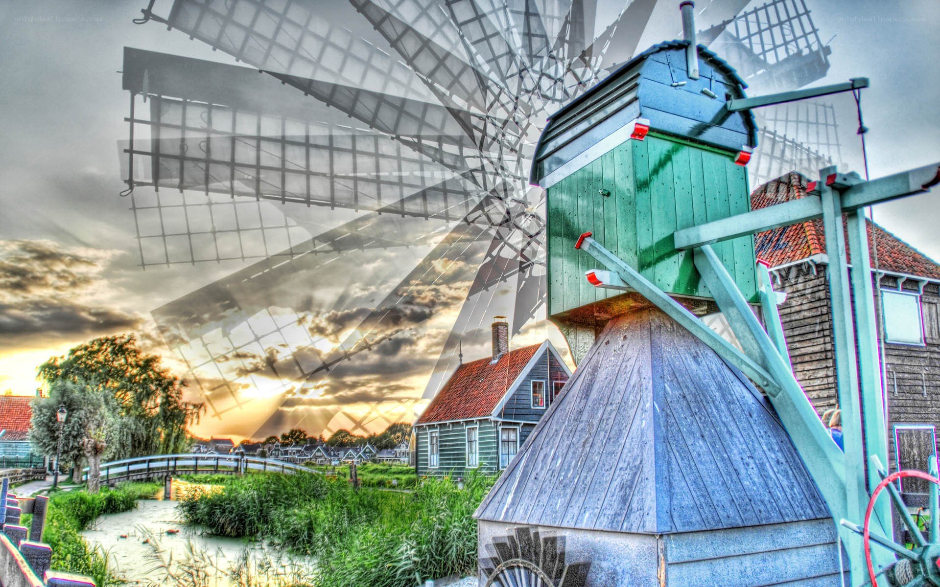 Windmill village at sunset