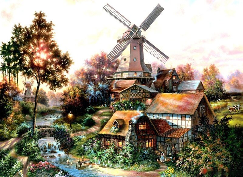 Windmill Village Scene — Green, Peaceful