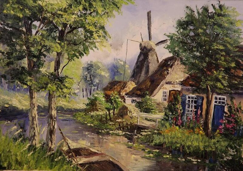 Windmill Village Scene — Green
