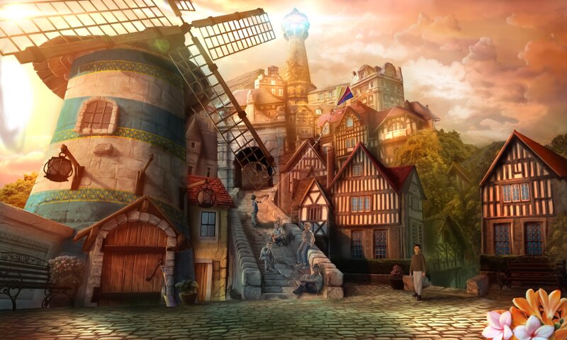 Windmill Village Scene — Orange, Serene