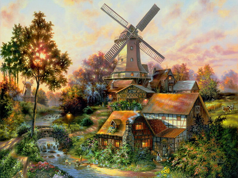 Windmill Village Scene — Orange