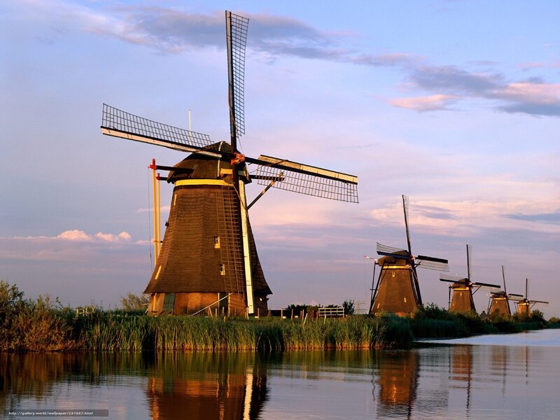 Windmills Along a Canal — Blue, Serene, Sunset, Photograph