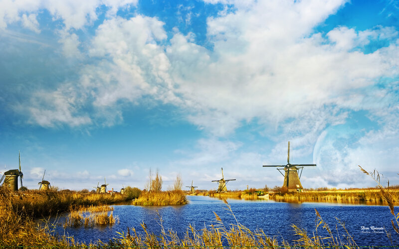 Windmills Along a Canal — Blue, Serene