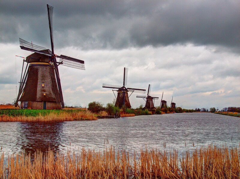 Windmills Along a Canal — Gray, Dramatic