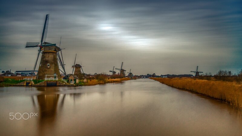 Windmills Along a Canal — Gray, Serene