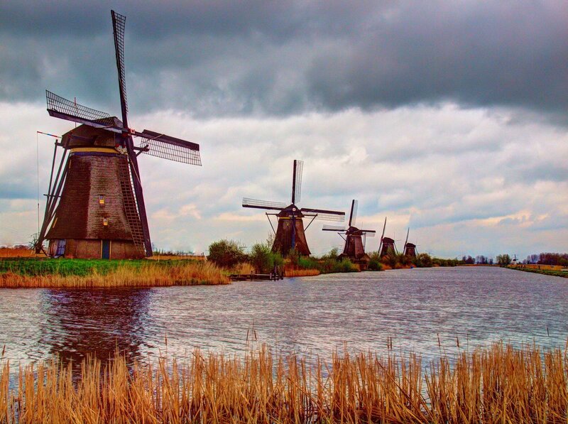 Windmills Along a Canal — Gray