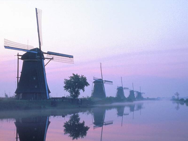 Windmills Along a Canal — Purple, Serene