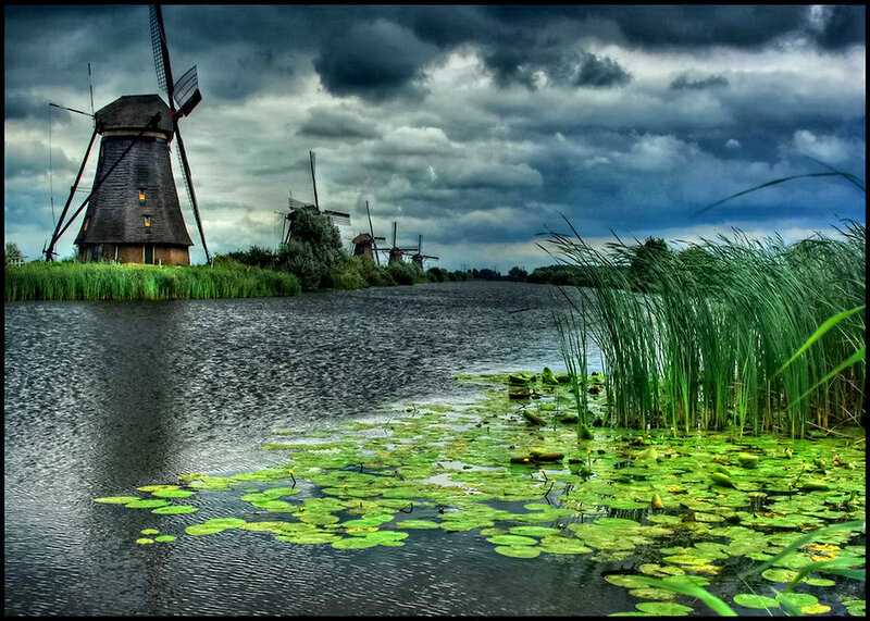 Windmills Along a River — Green