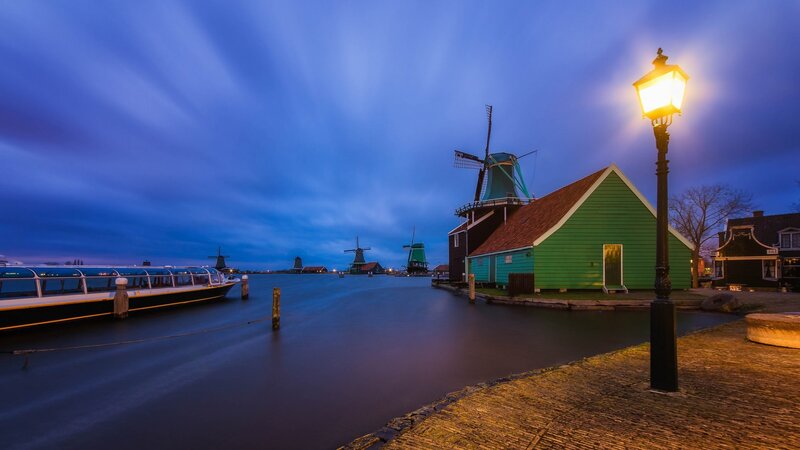 Windmills Along Canal — Blue, Serene