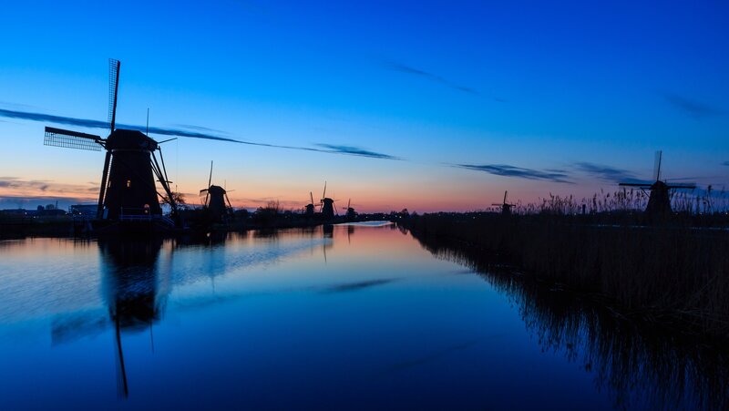 Windmills Along Canal — Blue