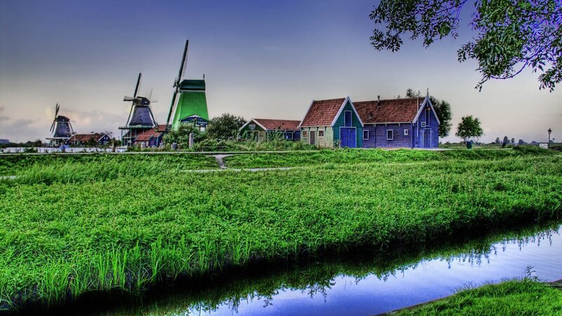 windmills and canal in Netherlands