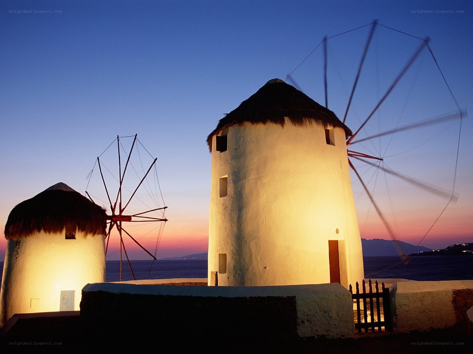 Windmills at dusk in Greece