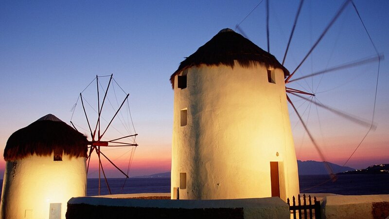 Windmills at dusk in Mykonos