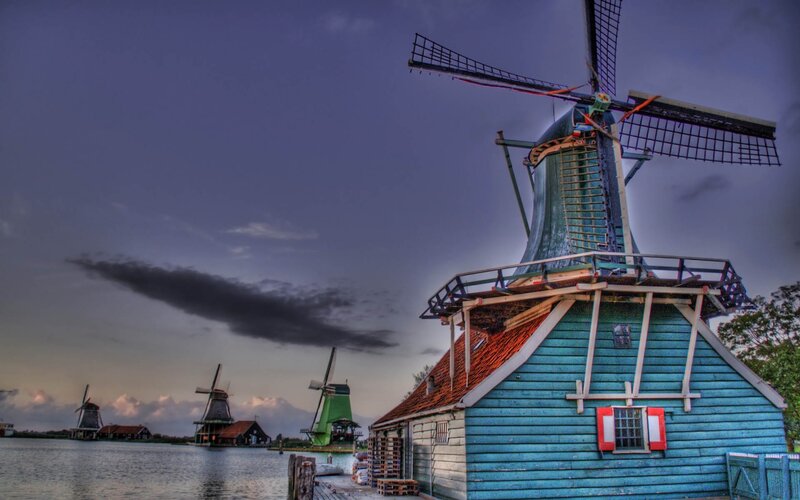 windmills at dusk in the Netherlands