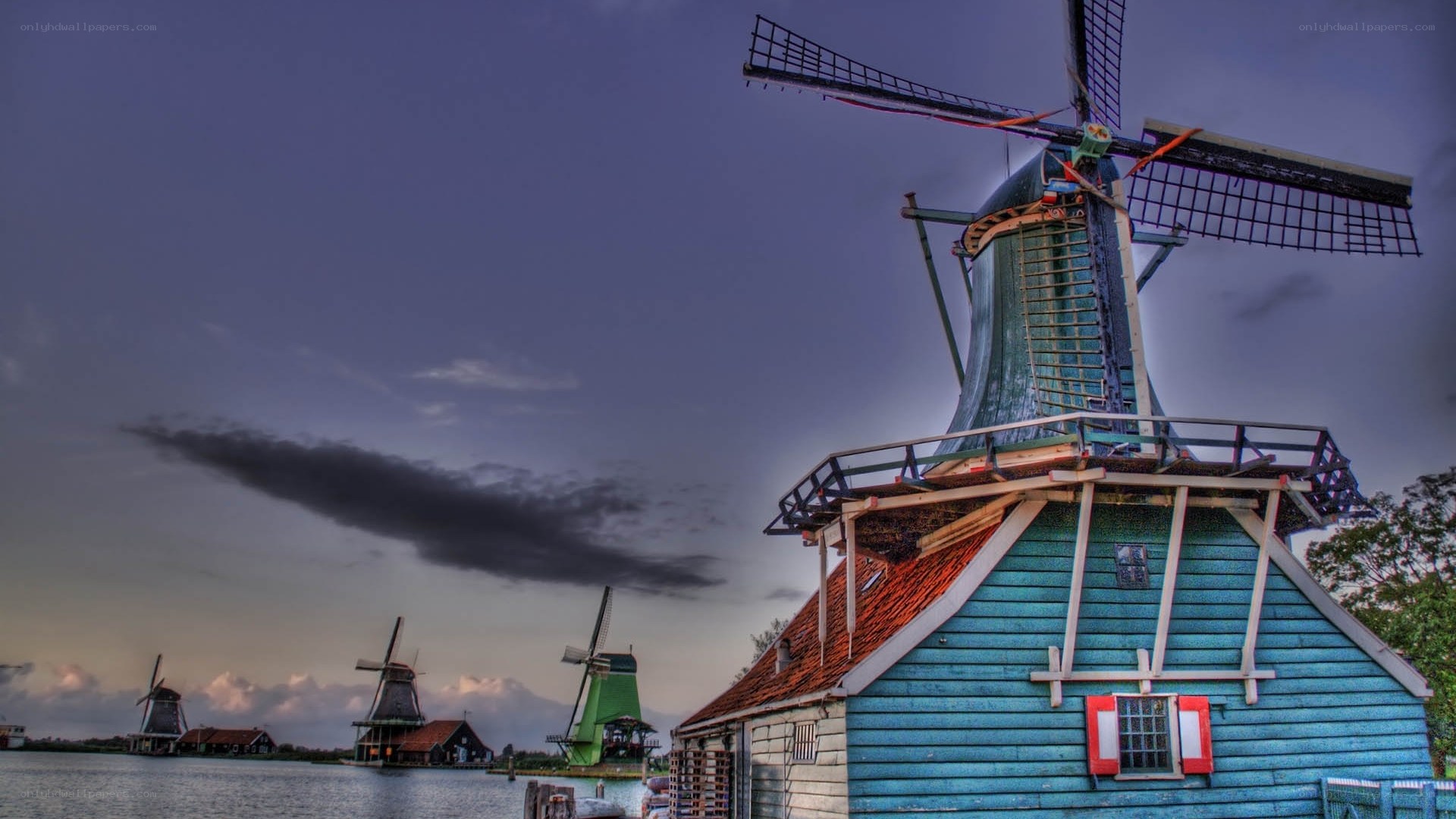Windmills at dusk in the Netherlands
