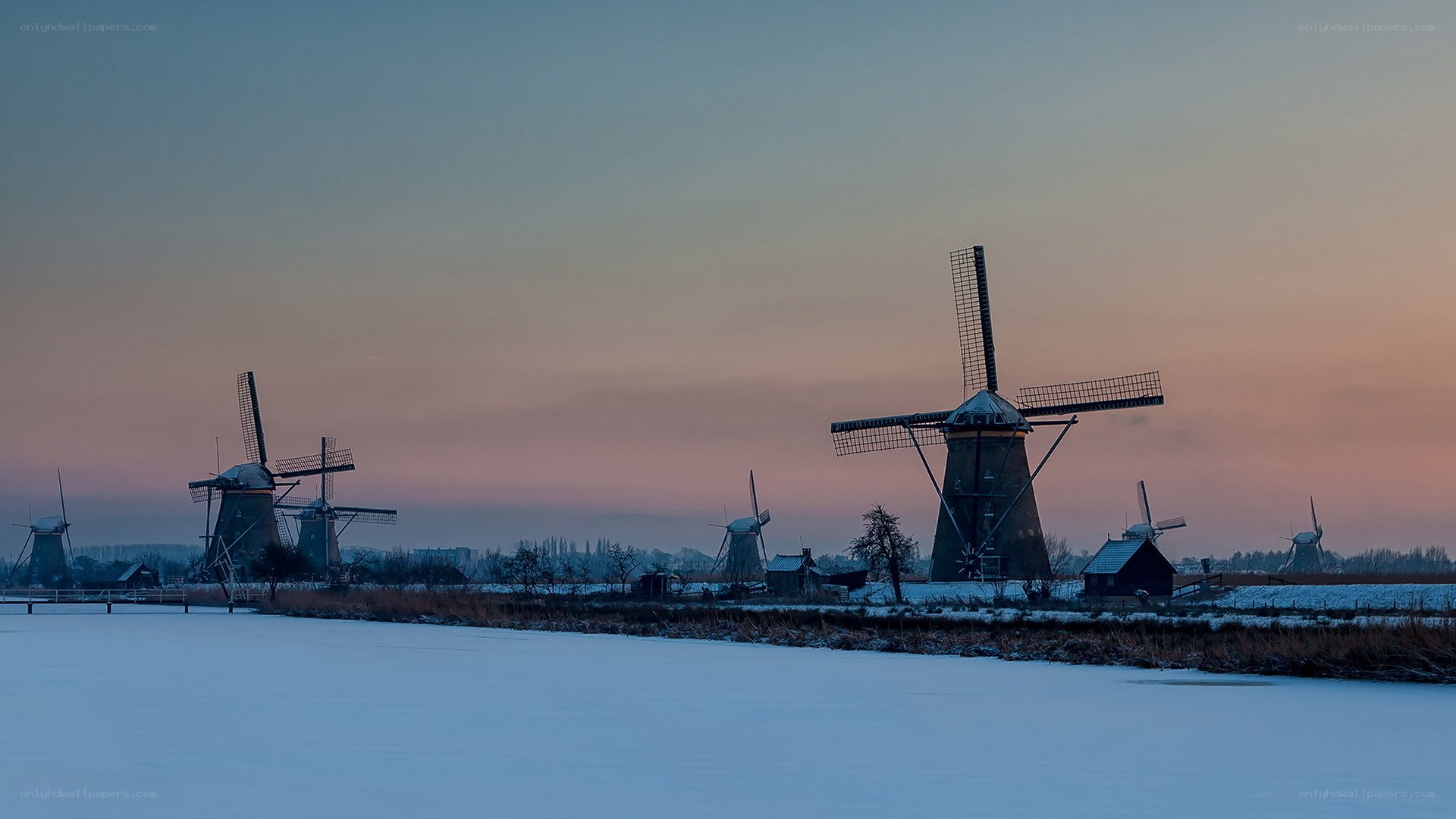 Windmills at dusk in winter