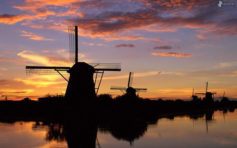 windmills at sunset
