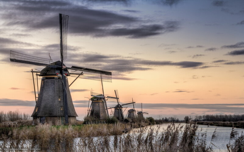 Windmills at sunset in the Netherlands