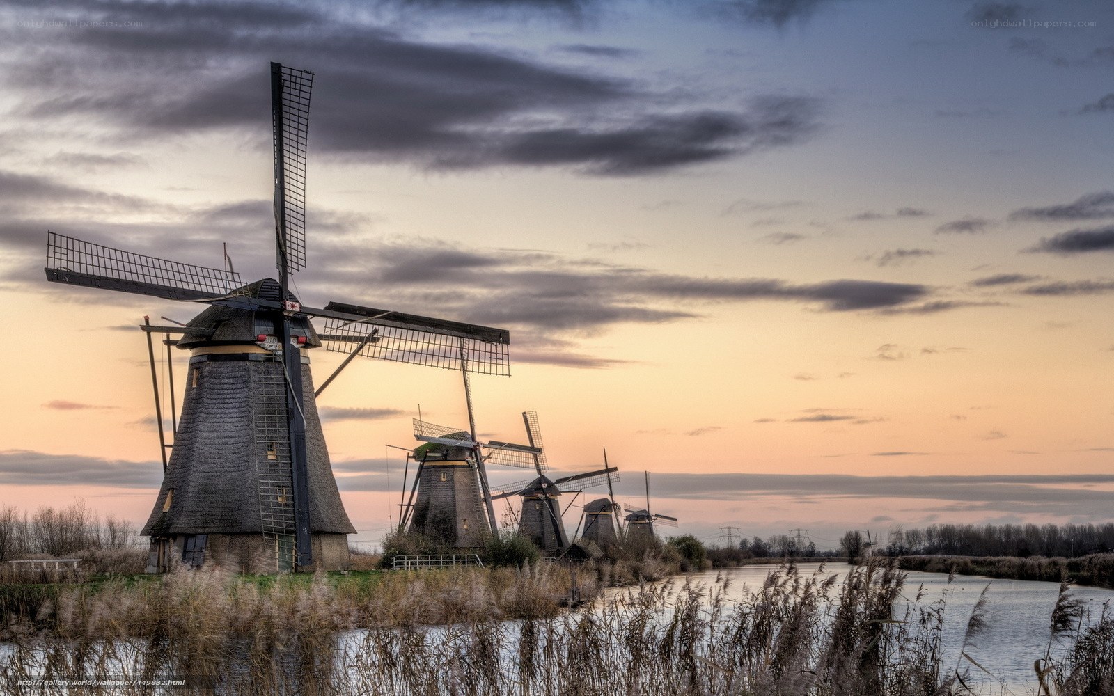Windmills at sunset in the Netherlands