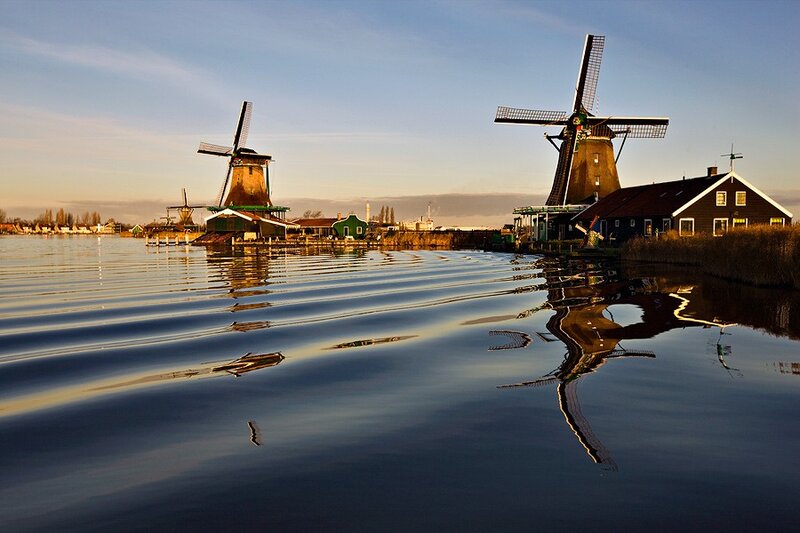 Windmills at sunset in the Netherlands