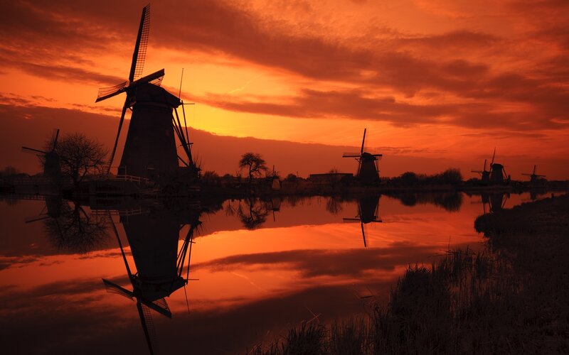 Windmills at Sunset — Orange, Dramatic, Photograph, River, Sky