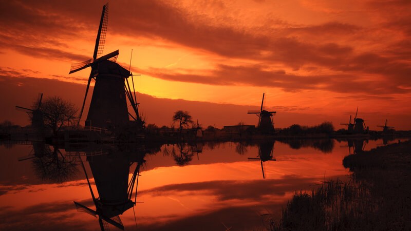 Windmills at Sunset — Orange, Dramatic, Photograph, Sky, River