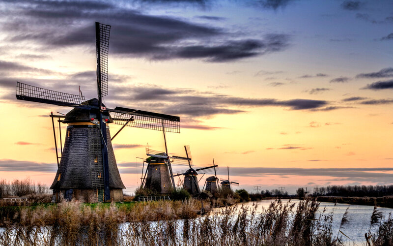 Windmills at Sunset — Orange, Dramatic, Photograph, Sky