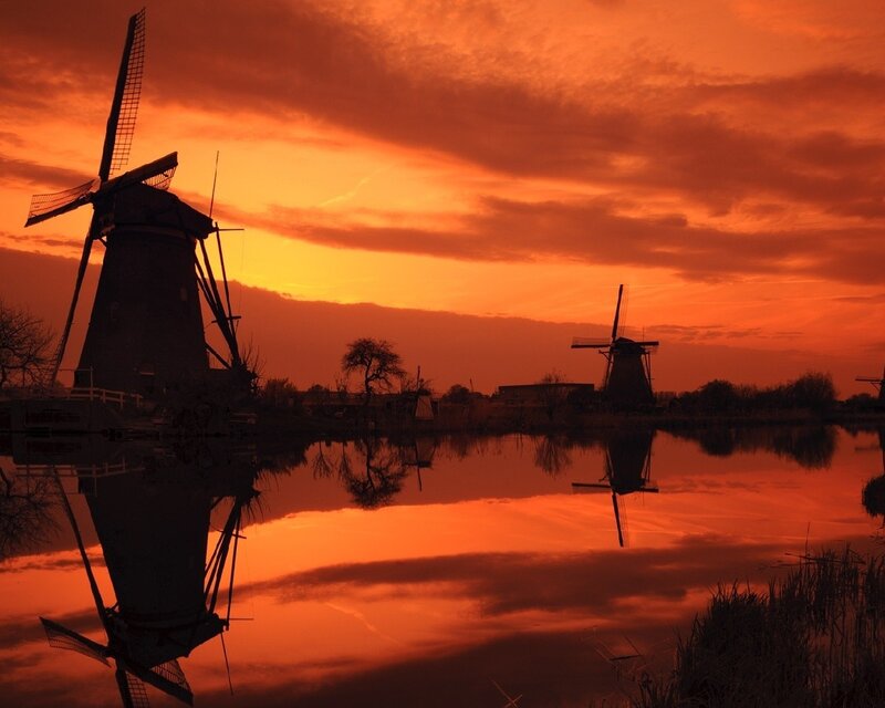 Windmills at Sunset — Orange, Dramatic, Photograph, Sky, Water