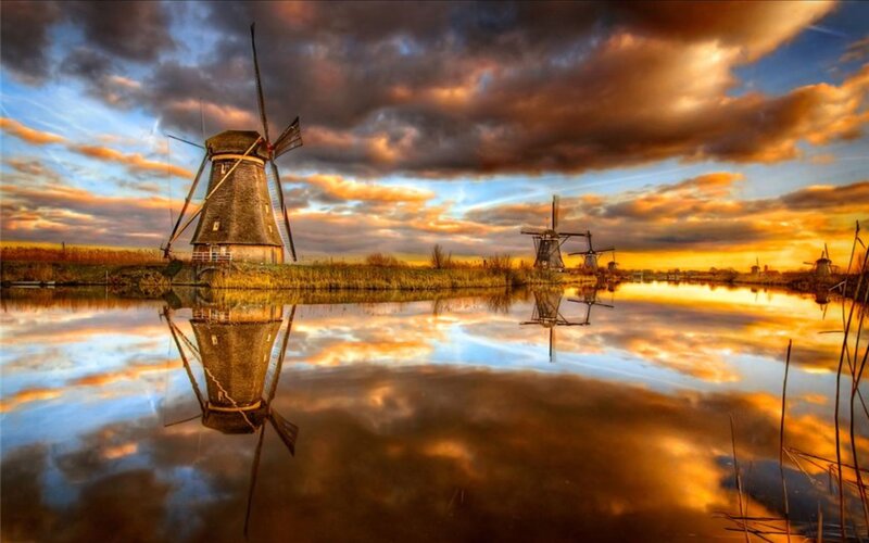 Windmills at Sunset — Orange, Dramatic, Photograph