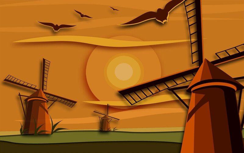 Windmills at Sunset — Orange, Serene, Illustration, Birds