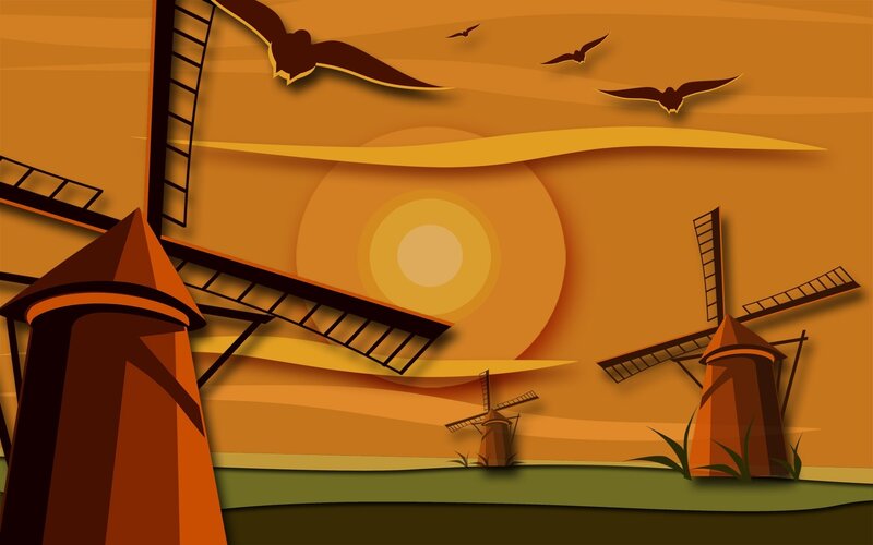 Windmills at Sunset — Orange, Serene, Illustration
