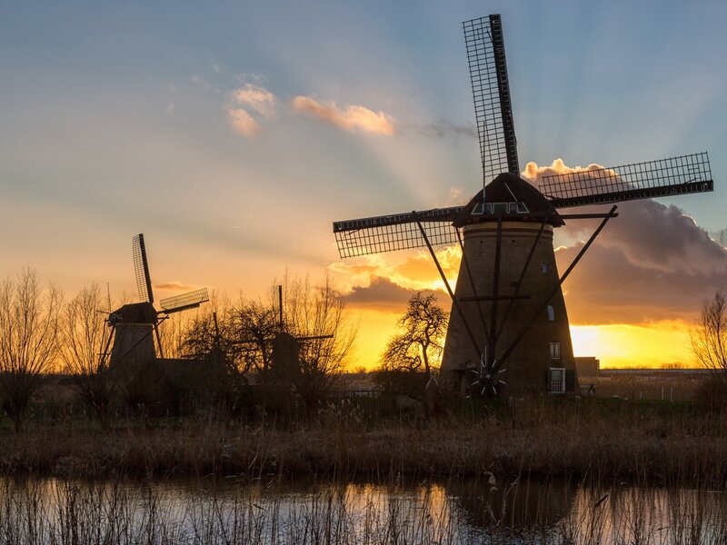 Windmills at Sunset — Orange, Serene, Photograph, River