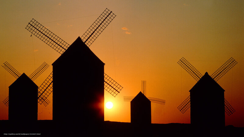Windmills at Sunset — Orange, Serene, Photograph, Sun, Sky