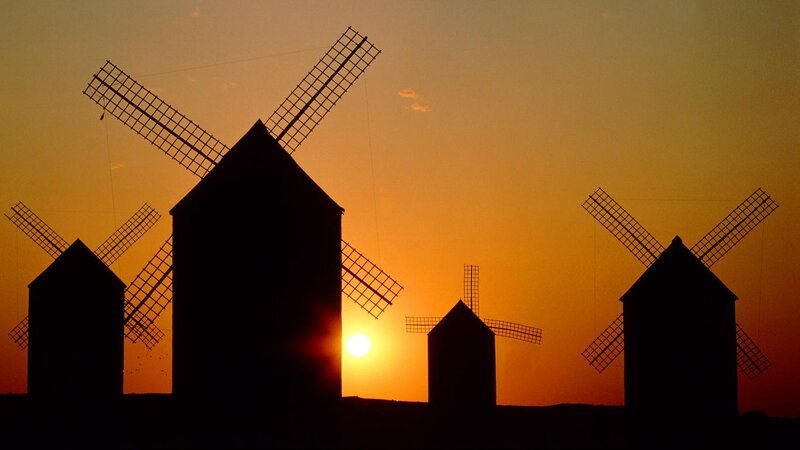 Windmills at Sunset — Orange, Serene, Photograph, Sun